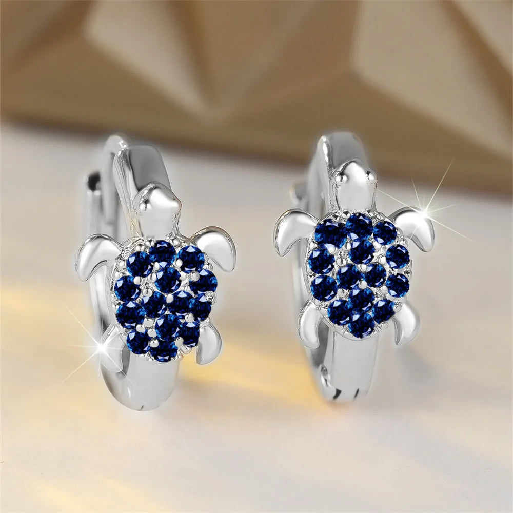 Green Zircon Stone Cute Sea Turtle Hoop Earrings