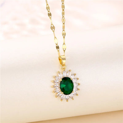 Green Zircon Crystal Pendant Stainless Steel Necklace