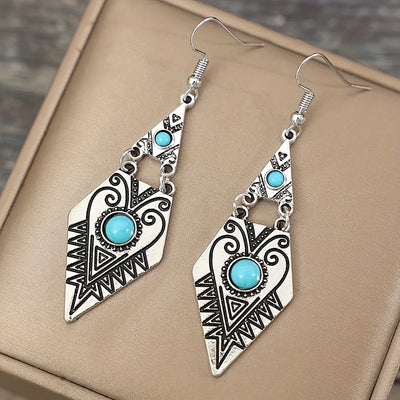 Vintage Bohemian Geometric Rhombus Turquoise Handmade Earrings