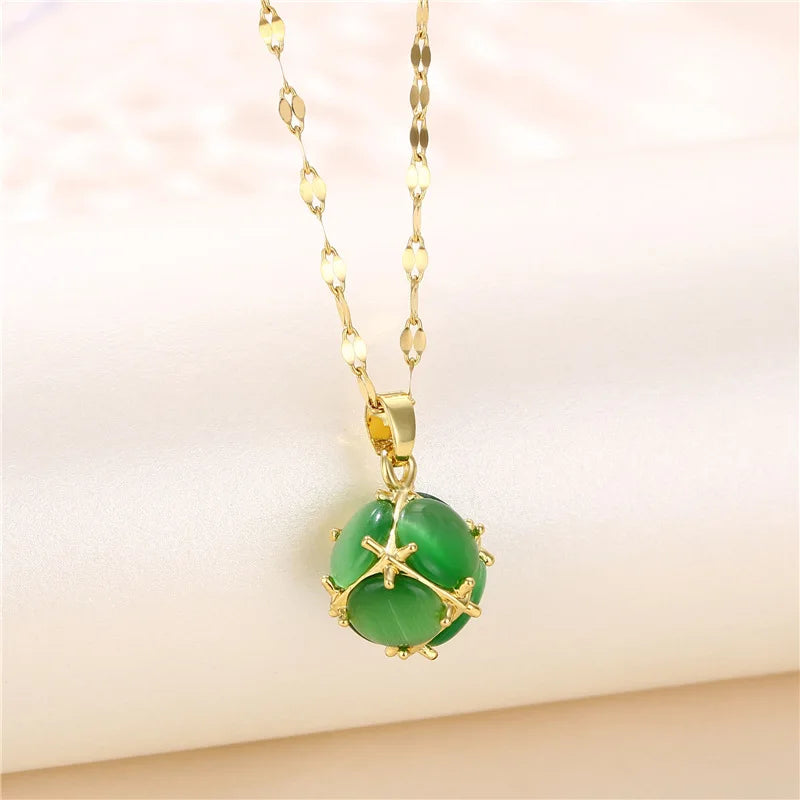 Green Zircon Crystal Pendant Stainless Steel Necklace