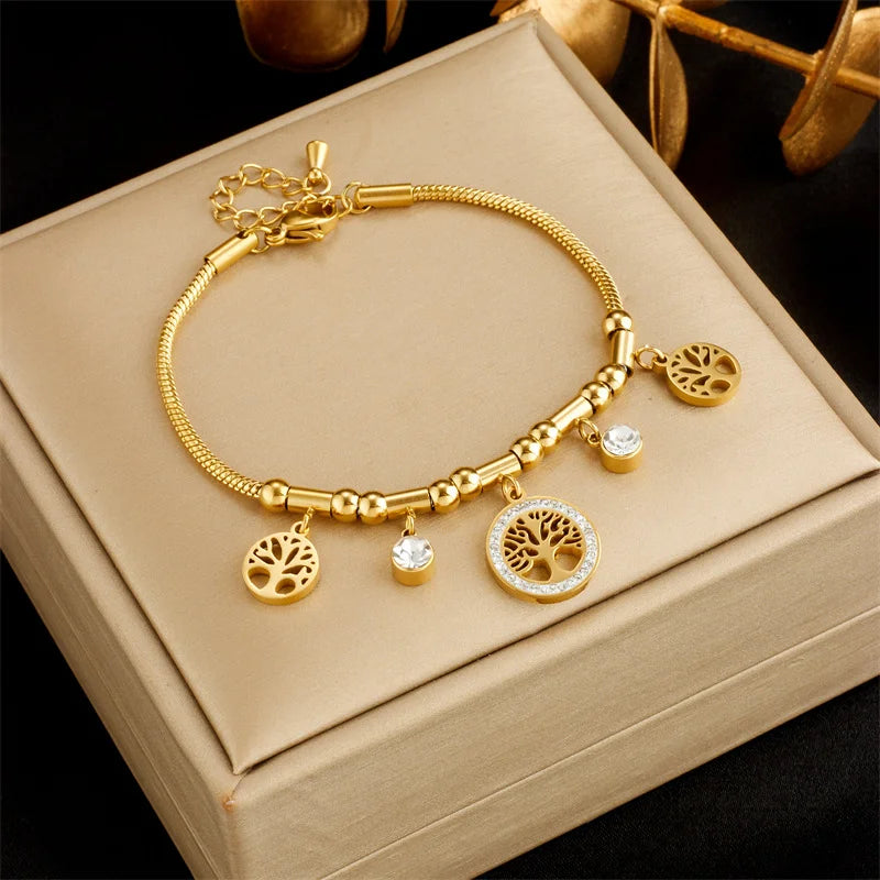 Elegant Gold Color Tree - of - Life Charms Bracelet With Shiny Zircon Stone