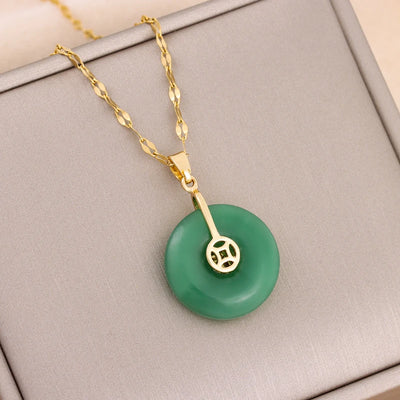Green Zircon Crystal Pendant Stainless Steel Necklace