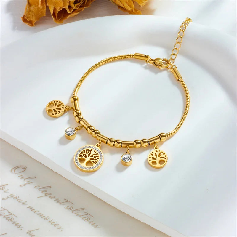 Elegant Gold Color Tree - of - Life Charms Bracelet With Shiny Zircon Stone