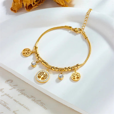 Elegant Gold Color Tree - of - Life Charms Bracelet With Shiny Zircon Stone