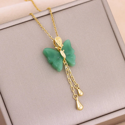 Green Zircon Crystal Pendant Stainless Steel Necklace