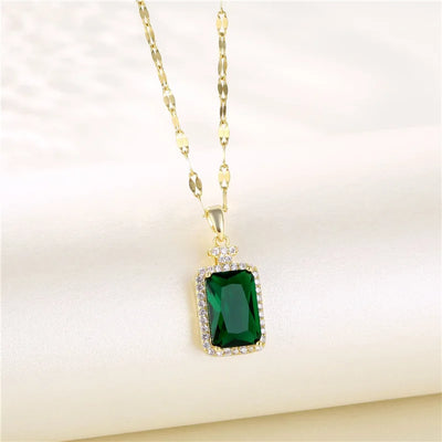 Green Zircon Crystal Pendant Stainless Steel Necklace