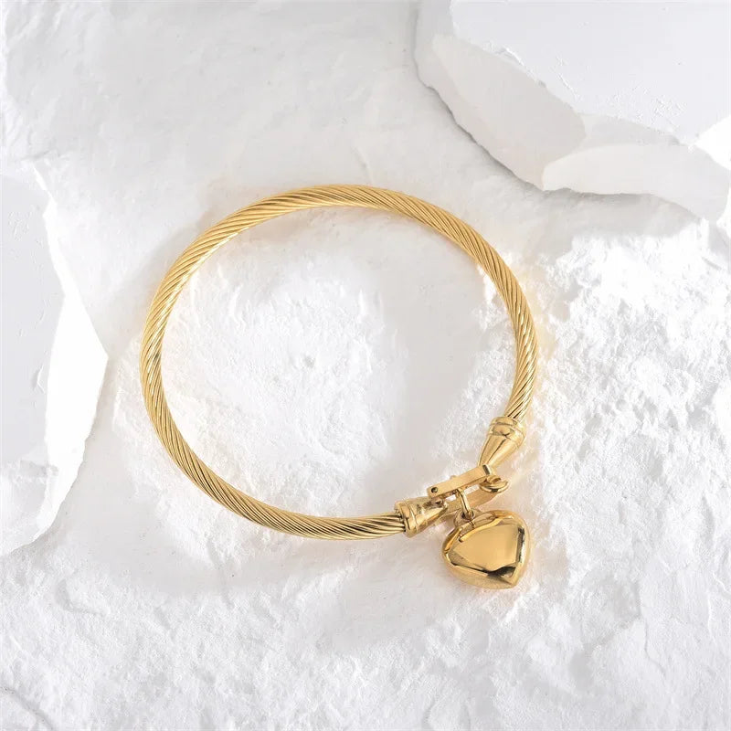 18k Gold Color Stainless Steel Heart Pendant Charm Bangle Bracelets