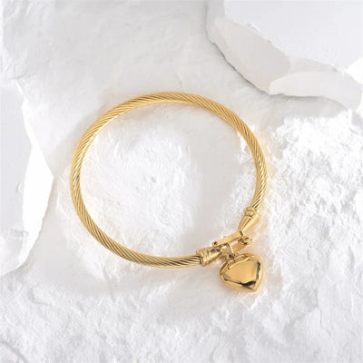 18k Gold Color Stainless Steel Heart Pendant Charm Bangle Bracelets