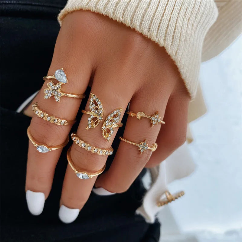 Silver and Gold Crystal Rings Set