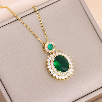Green Zircon Crystal Pendant Stainless Steel Necklace
