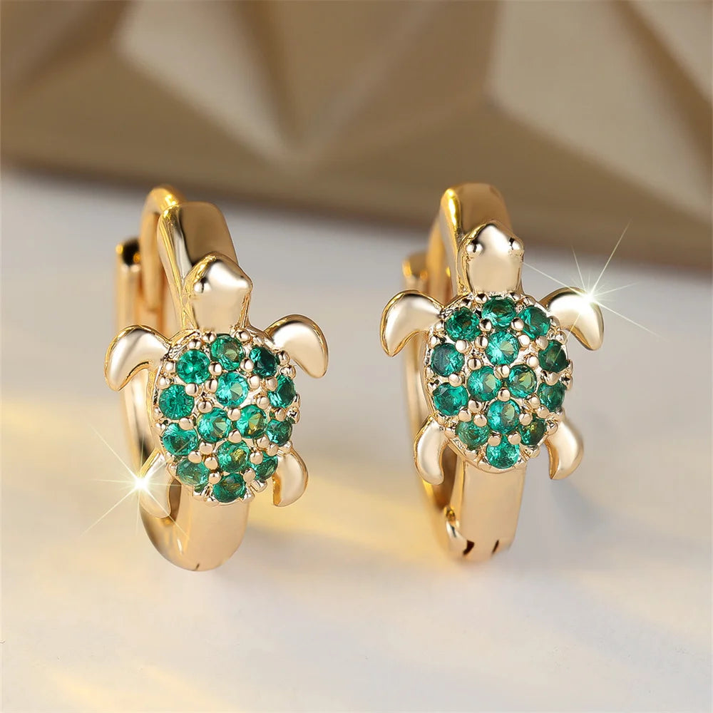 Green Zircon Stone Cute Sea Turtle Hoop Earrings