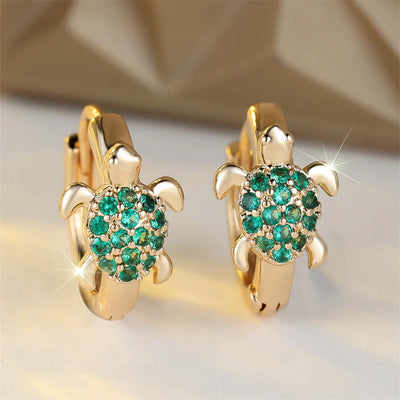 Green Zircon Stone Cute Sea Turtle Hoop Earrings