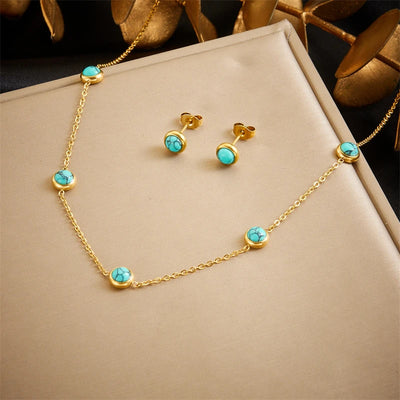 Round Turquoise Necklace Bracelet Earrings Set