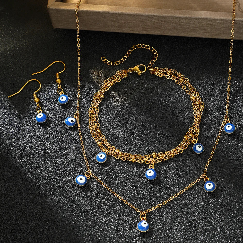 Boho Devil's Eye Stud Earrings Bracelet and Necklace Set