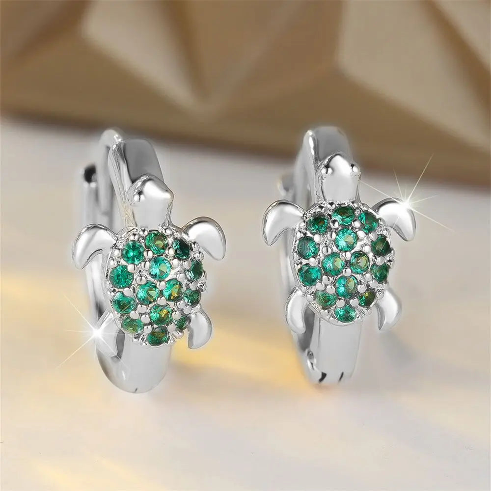 Green Zircon Stone Cute Sea Turtle Hoop Earrings