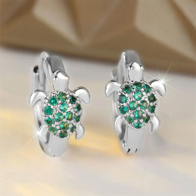 Green Zircon Stone Cute Sea Turtle Hoop Earrings