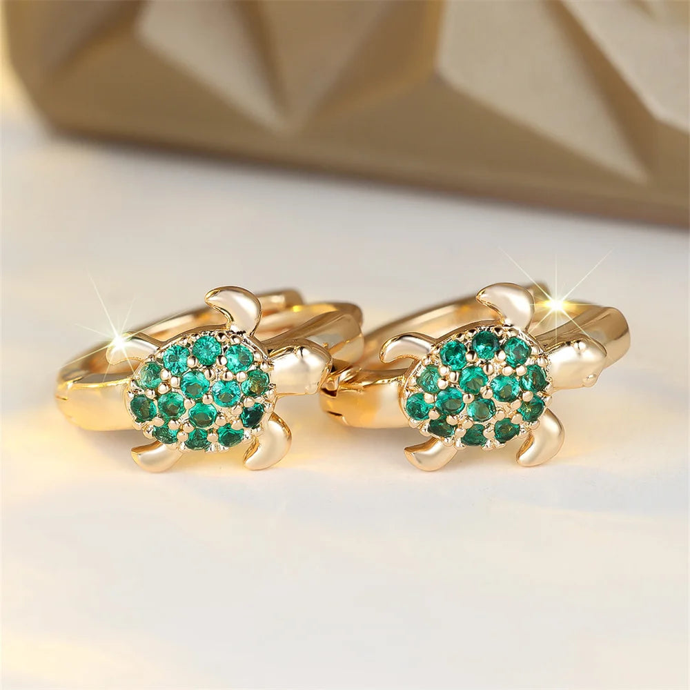 Green Zircon Stone Cute Sea Turtle Hoop Earrings