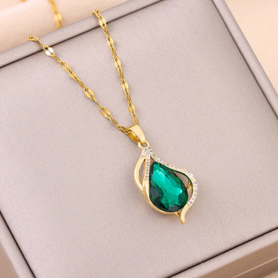 Green Zircon Crystal Pendant Stainless Steel Necklace