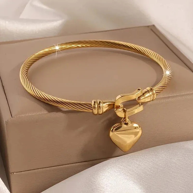18k Gold Color Stainless Steel Heart Pendant Charm Bangle Bracelets