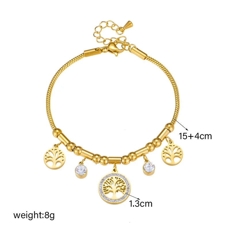 Elegant Gold Color Tree - of - Life Charms Bracelet With Shiny Zircon Stone