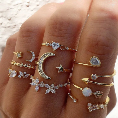 Silver and Gold Crystal Rings Set