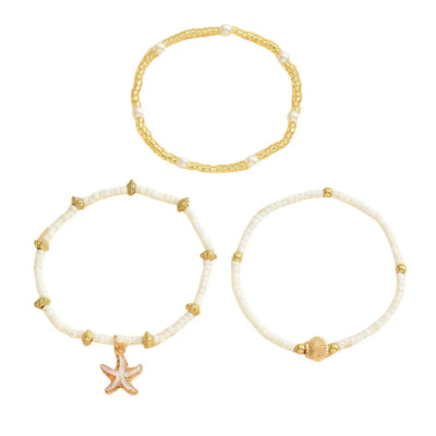 Summer Bohemian Style Starfish Shell Millet Bead Ankle Chain Three-Layer Set