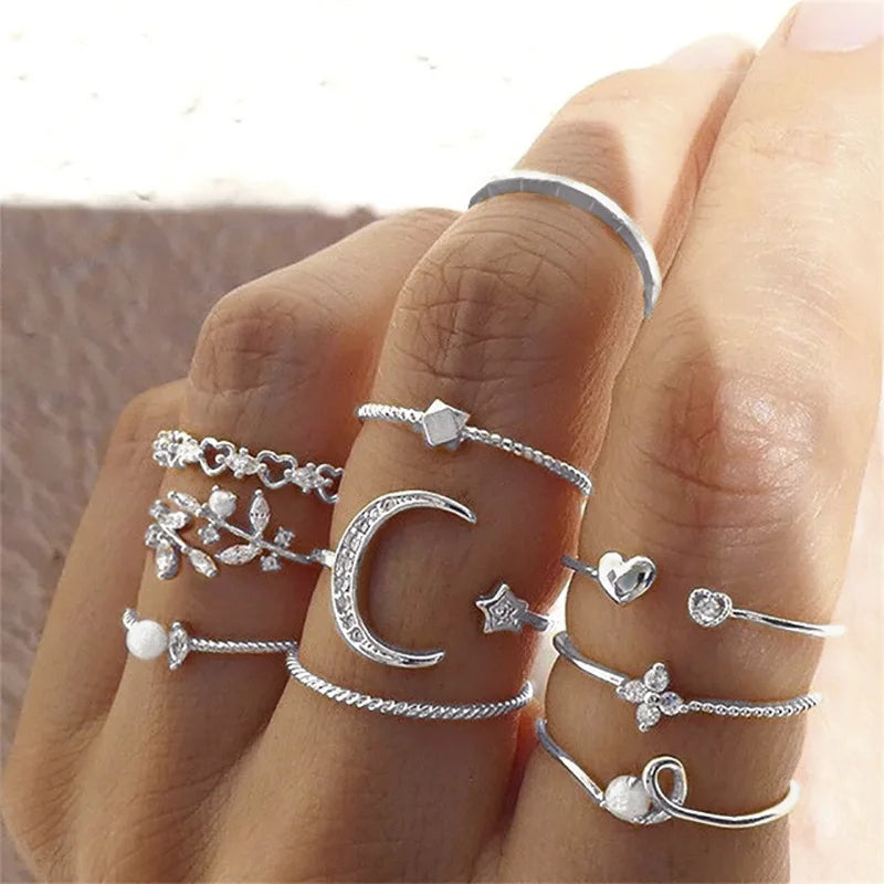 Silver and Gold Crystal Rings Set