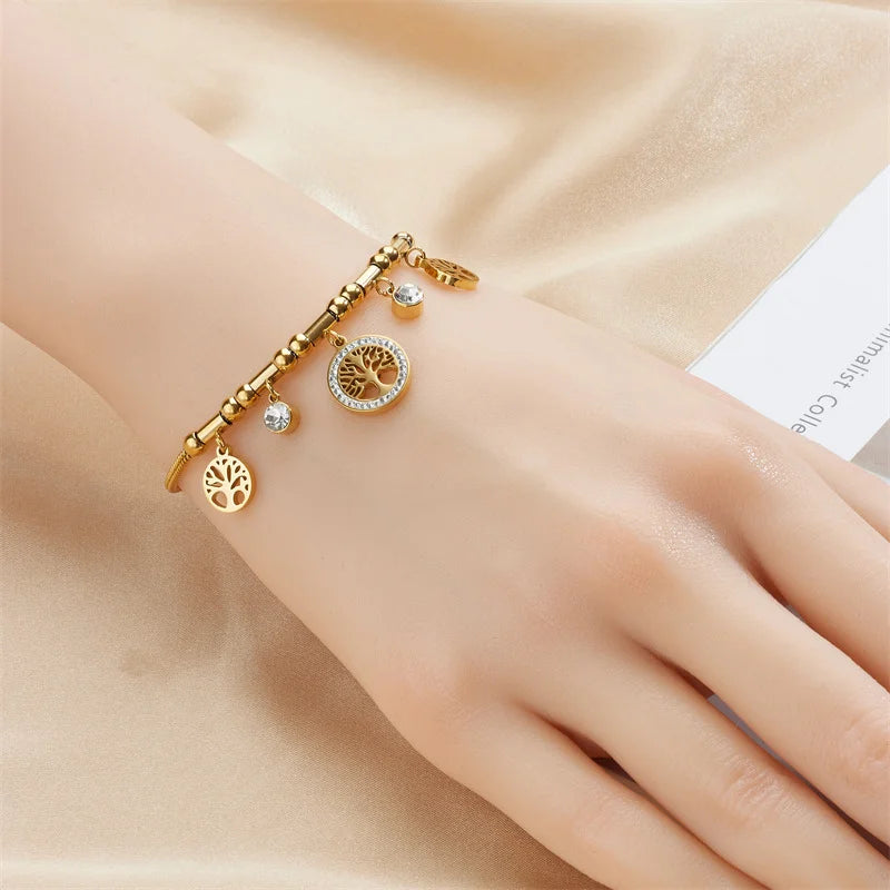 Elegant Gold Color Tree - of - Life Charms Bracelet With Shiny Zircon Stone