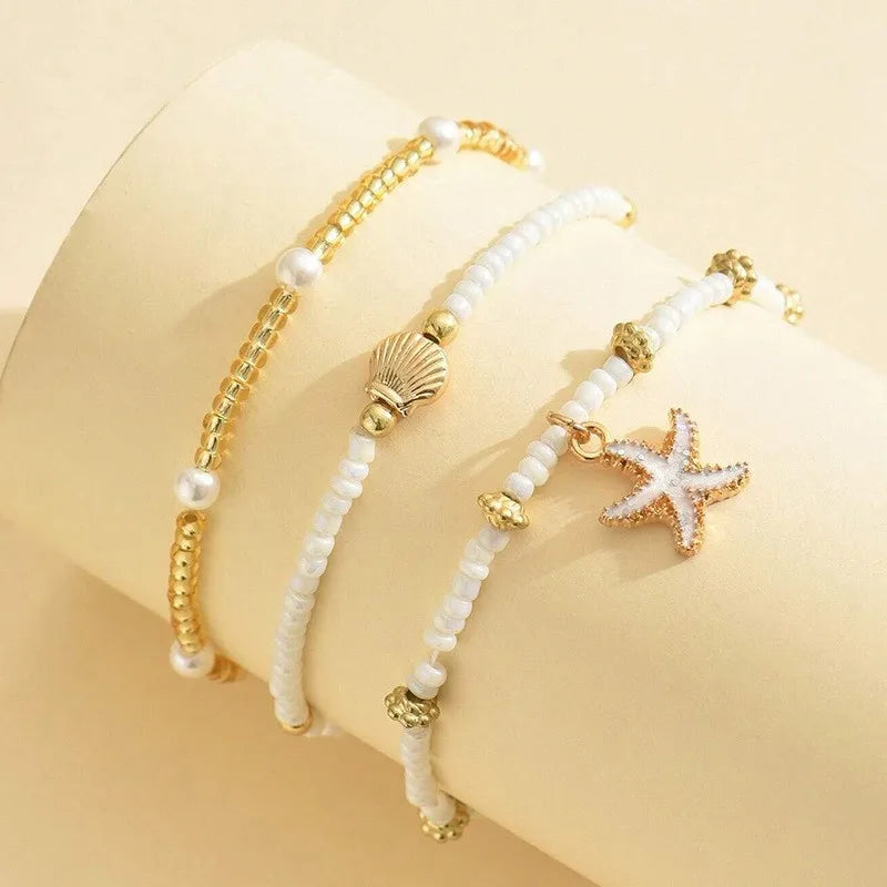 Summer Bohemian Style Starfish Shell Millet Bead Ankle Chain Three-Layer Set