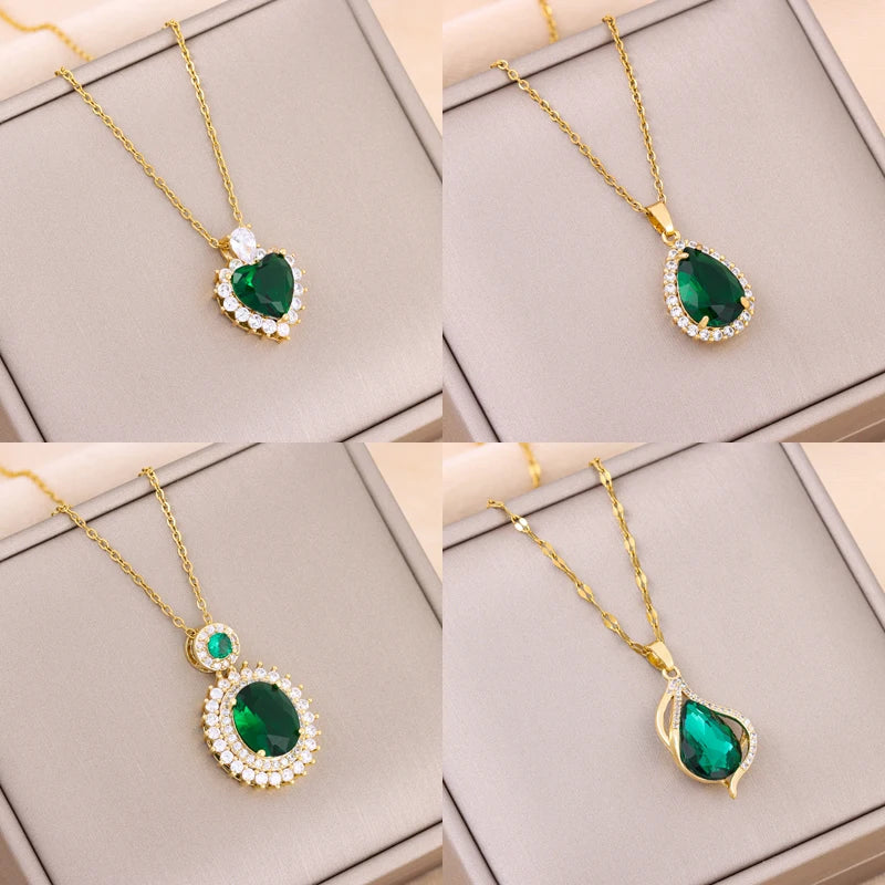 Green Zircon Crystal Pendant Stainless Steel Necklace