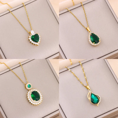 Green Zircon Crystal Pendant Stainless Steel Necklace