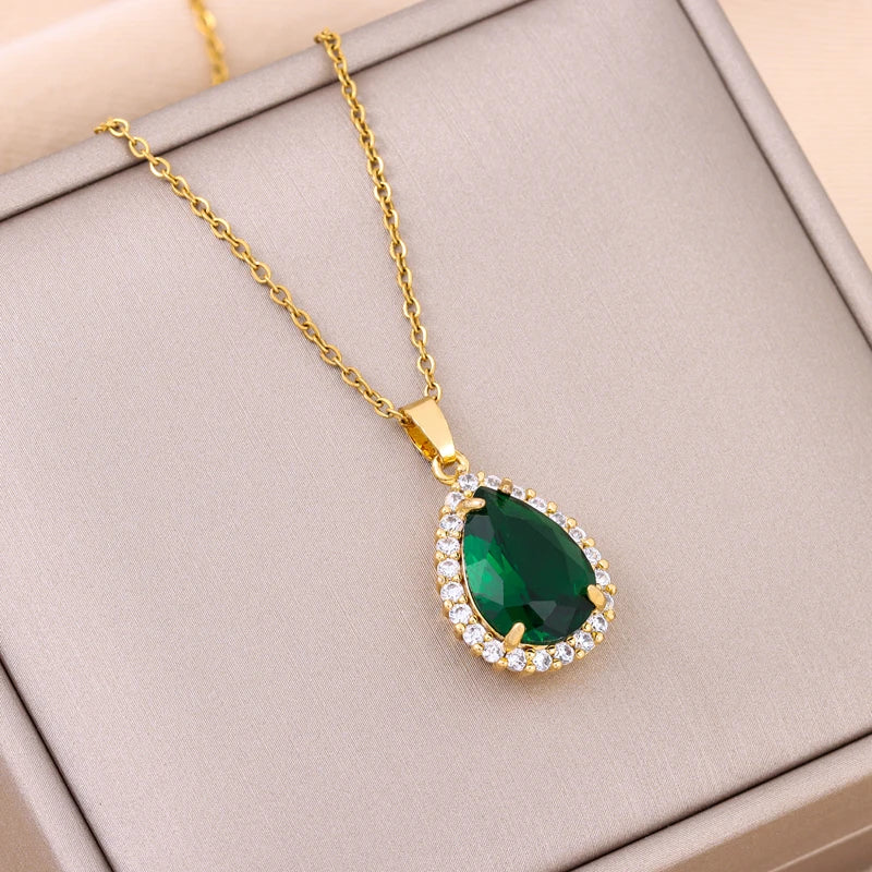 Green Zircon Crystal Pendant Stainless Steel Necklace