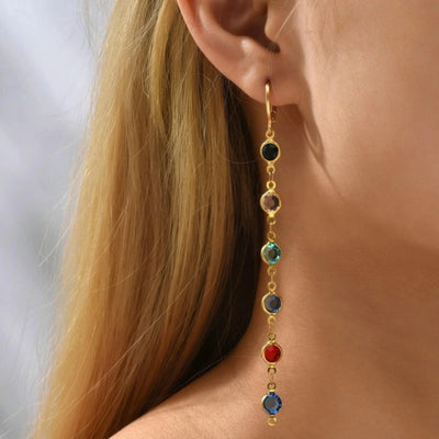 Colorful Drop Rhinestone Round Bead Long Tassel Earrings