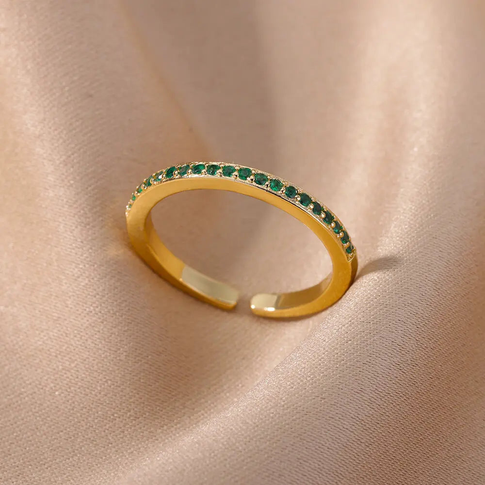 Mini Zircon Green Rings For Women Stainless Steel Gold Color Adjustable