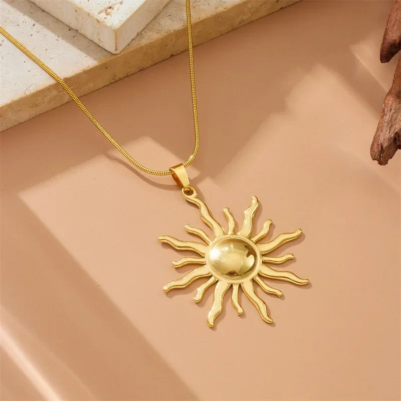 Stainless Steel Golden Fashion Sun Pendant Necklace