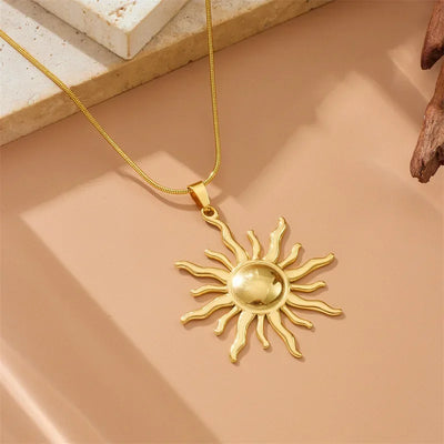 Stainless Steel Golden Fashion Sun Pendant Necklace