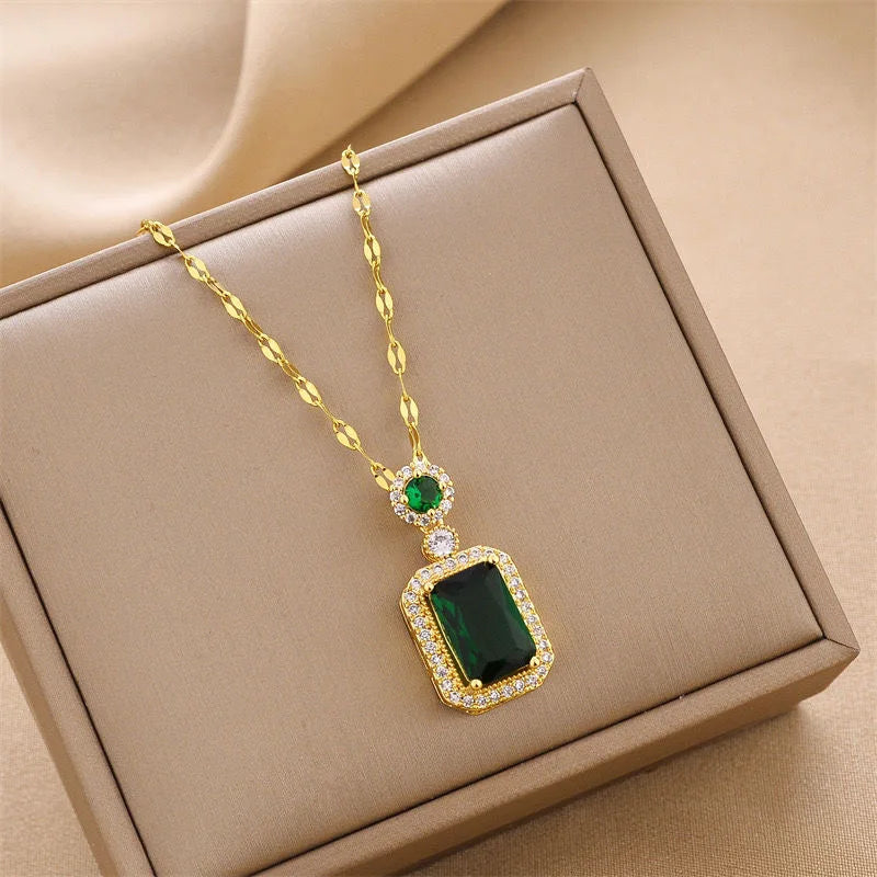 Green Zircon Crystal Pendant Stainless Steel Necklace
