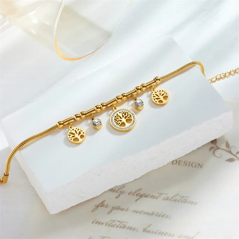 Elegant Gold Color Tree - of - Life Charms Bracelet With Shiny Zircon Stone