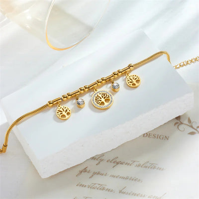 Elegant Gold Color Tree - of - Life Charms Bracelet With Shiny Zircon Stone