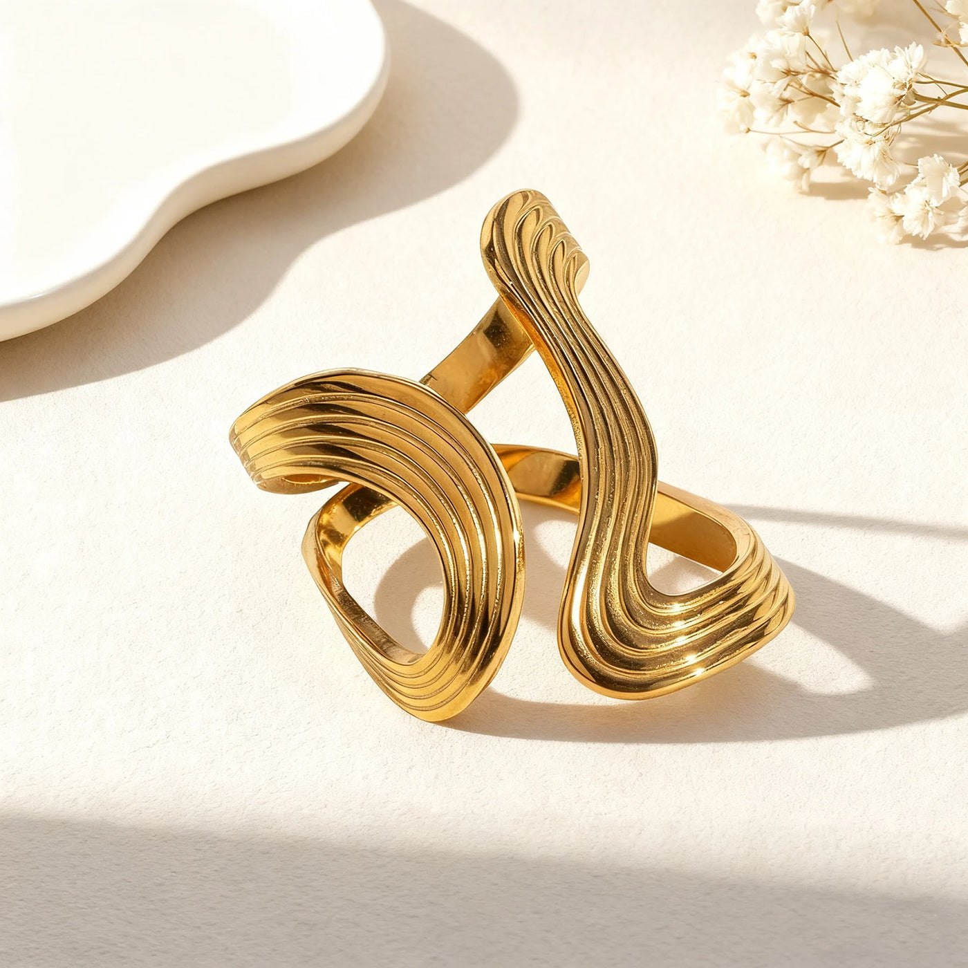 Stainless Steel Open Ring For Women Irregular Wave Hollow Design