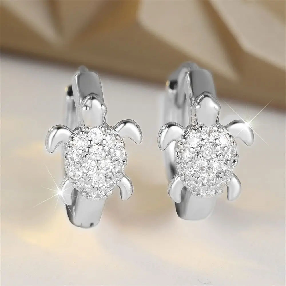 Green Zircon Stone Cute Sea Turtle Hoop Earrings