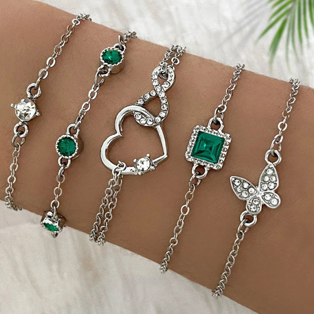 5pcs Vintage-Inspired Bracelet Set with Sparkling Rhinestones