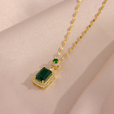 Green Zircon Crystal Pendant Stainless Steel Necklace