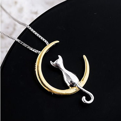 Elegant Crescent Moon and Cat Necklace