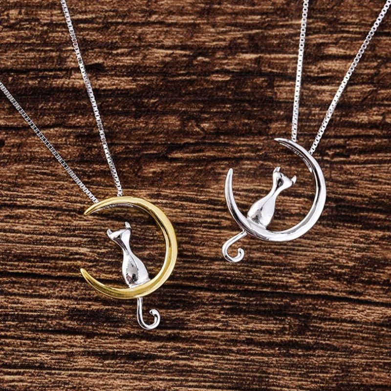Elegant Crescent Moon and Cat Necklace