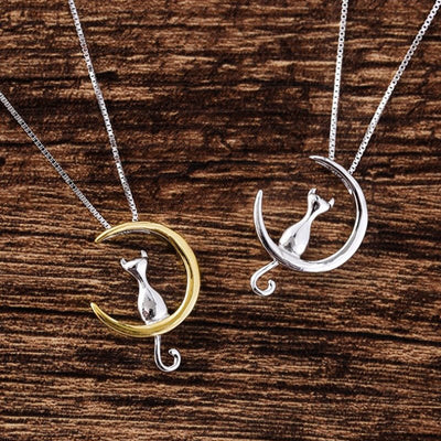 Elegant Crescent Moon and Cat Necklace