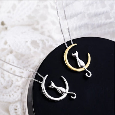 Elegant Crescent Moon and Cat Necklace