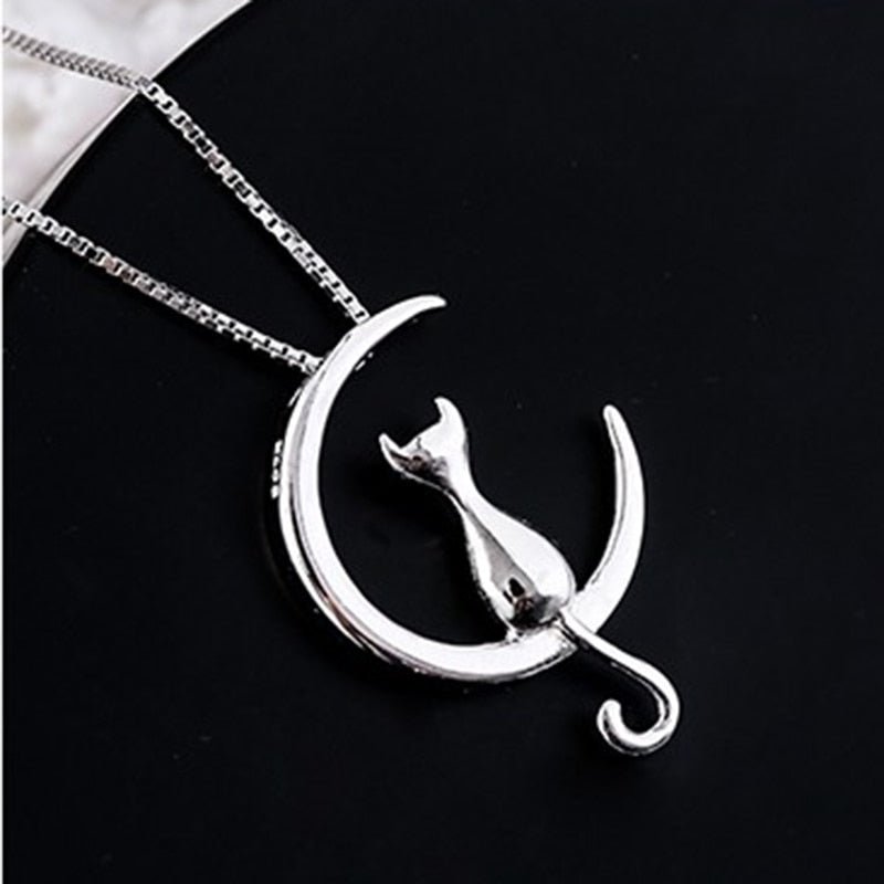 Elegant Crescent Moon and Cat Necklace