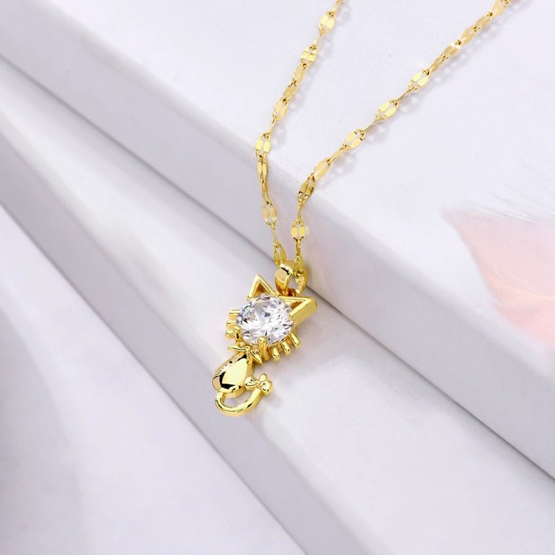 Gold-Plated Cat Necklace with Zircons