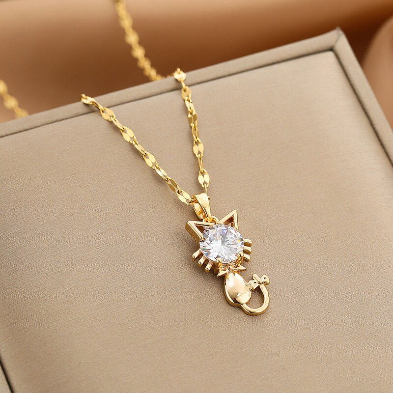 Gold-Plated Cat Necklace with Zircons